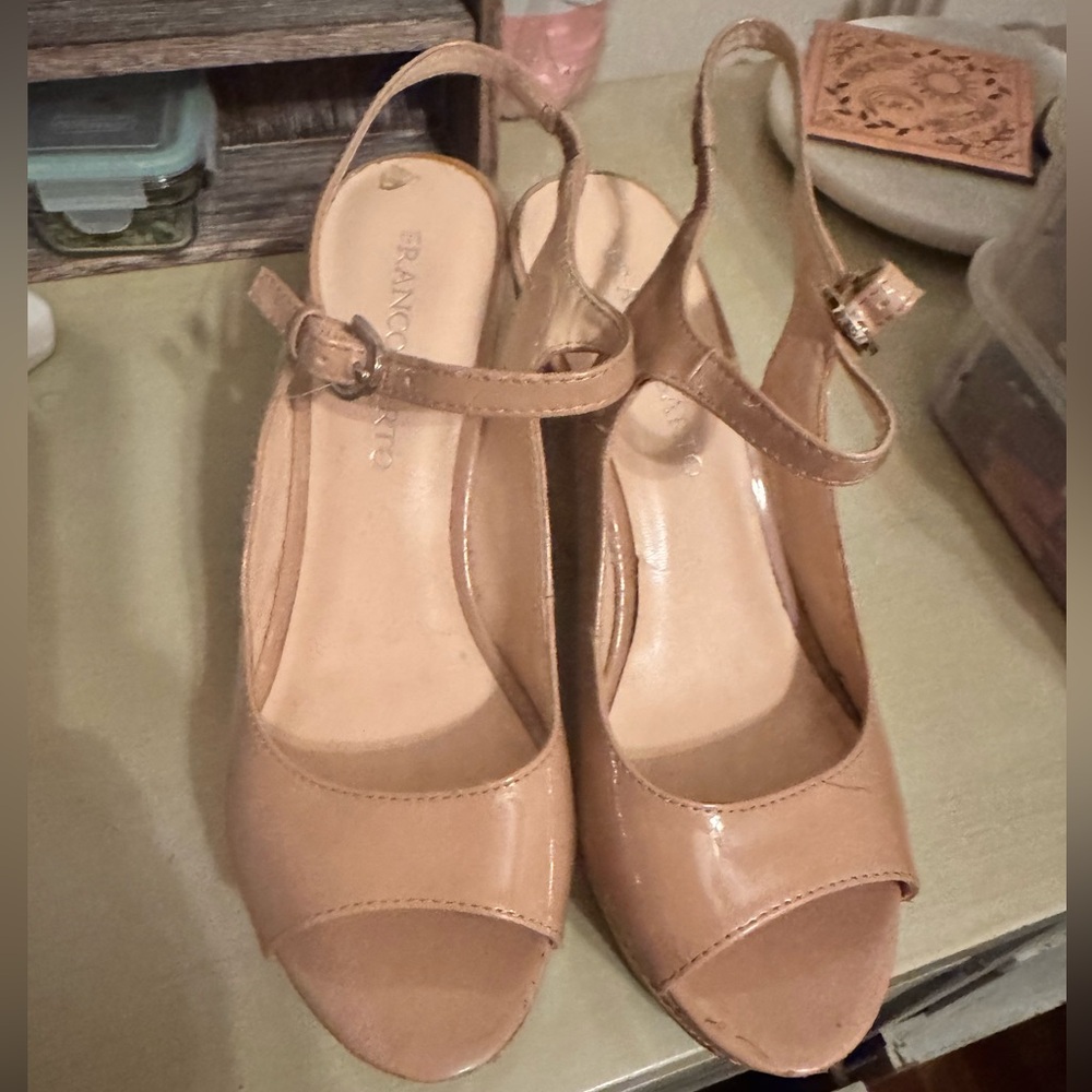 Franco Sarto Nude Blush Peep Toe Heels with Ankle Strap